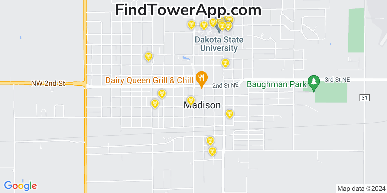 AT&T 4G/5G cell tower coverage map Madison, South Dakota