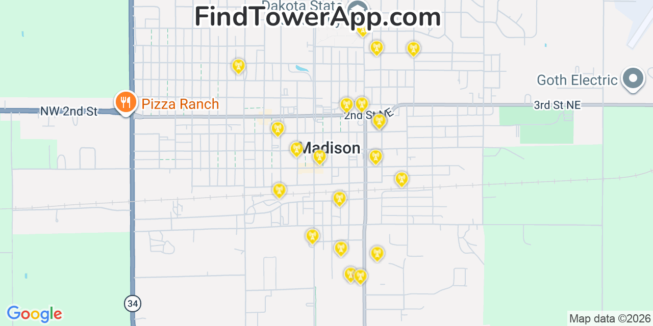 Map showing the 20 primary cell tower locations detected in Madison, South Dakota from AT&T, Verizon, and T-Mobile networks