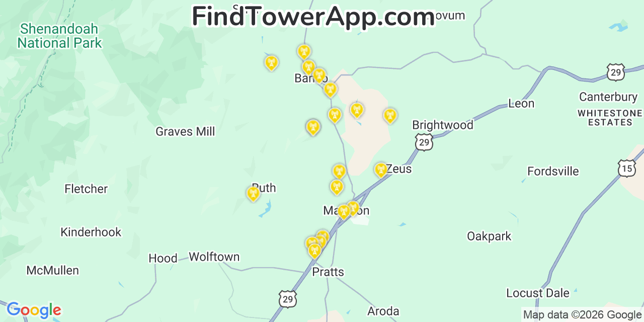 Map showing the 20 primary cell tower locations detected in Madison, Virginia from AT&T, Verizon, and T-Mobile networks