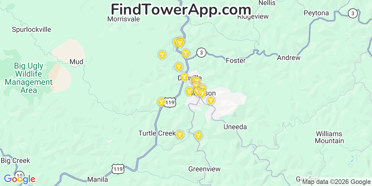 Map showing the 20 primary cell tower locations detected in Madison, West Virginia from AT&T, Verizon, and T-Mobile networks
