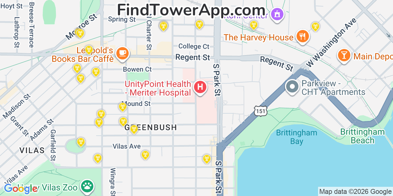 Map showing the 20 primary cell tower locations detected in Madison, Wisconsin from AT&T, Verizon, and T-Mobile networks