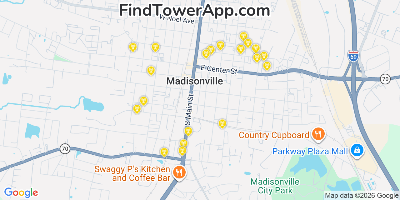 Map showing the 20 primary cell tower locations detected in Madisonville, Kentucky from AT&T, Verizon, and T-Mobile networks