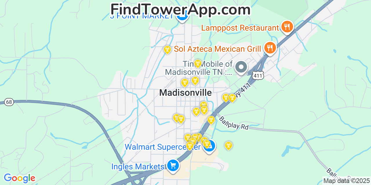 Map showing the 20 primary cell tower locations detected in Madisonville, Tennessee from AT&T, Verizon, and T-Mobile networks
