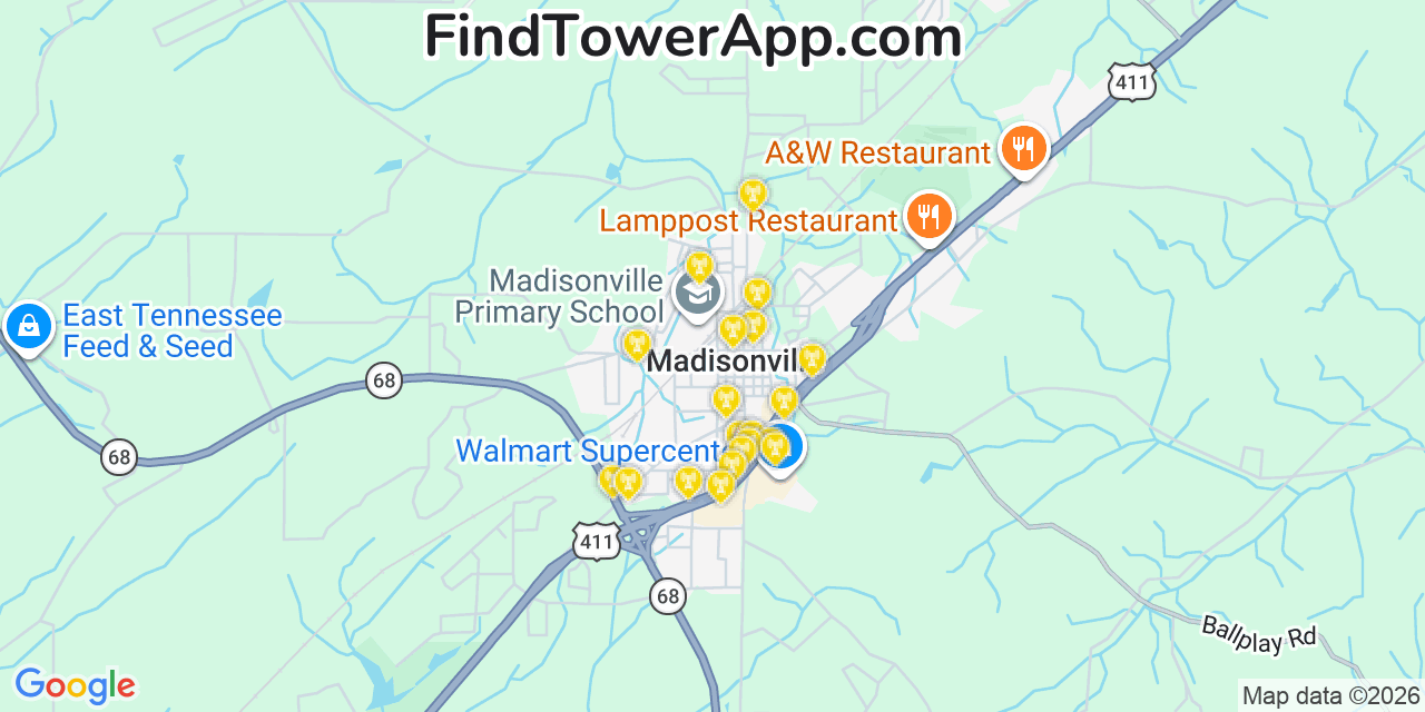 Map showing the 20 primary cell tower locations detected in Madisonville, Tennessee from AT&T, Verizon, and T-Mobile networks