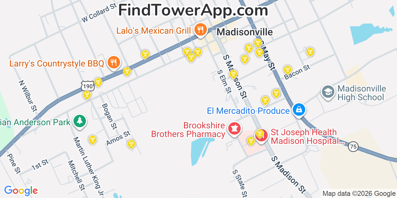 Map showing the 20 primary cell tower locations detected in Madisonville, Texas from AT&T, Verizon, and T-Mobile networks