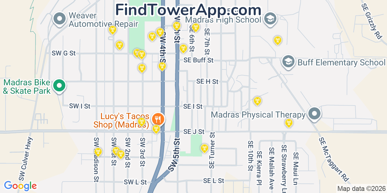 Map showing the 20 primary cell tower locations detected in Madras, Oregon from AT&T, Verizon, and T-Mobile networks