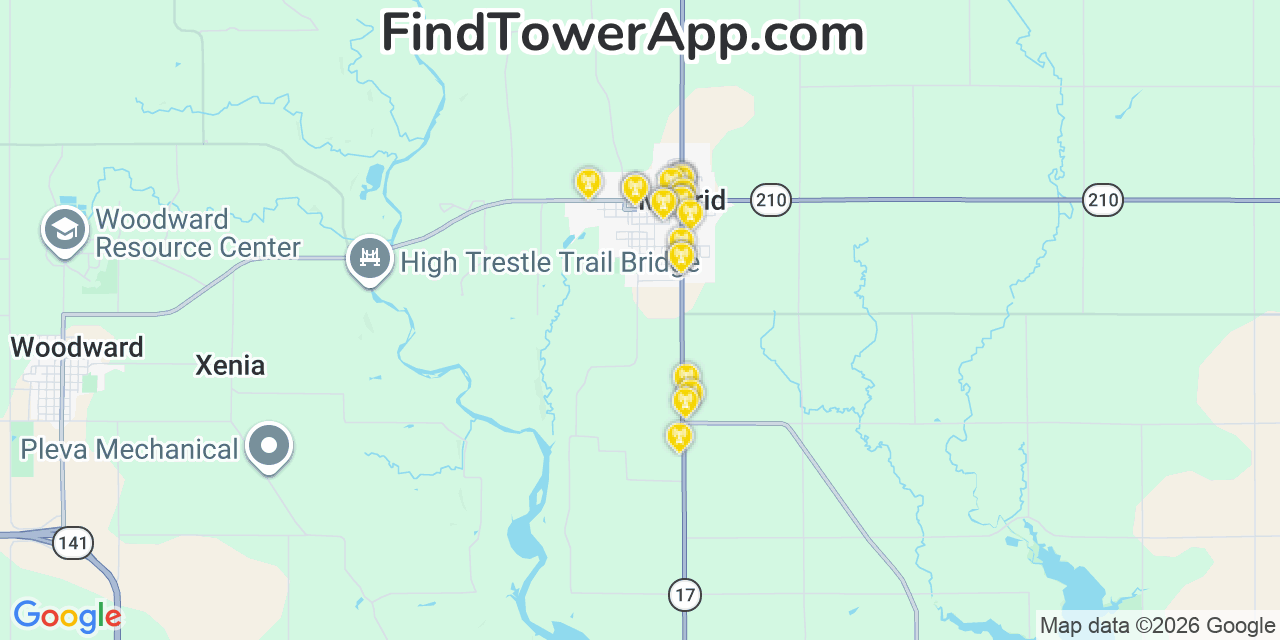 Map showing the 20 primary cell tower locations detected in Madrid, Iowa from AT&T, Verizon, and T-Mobile networks