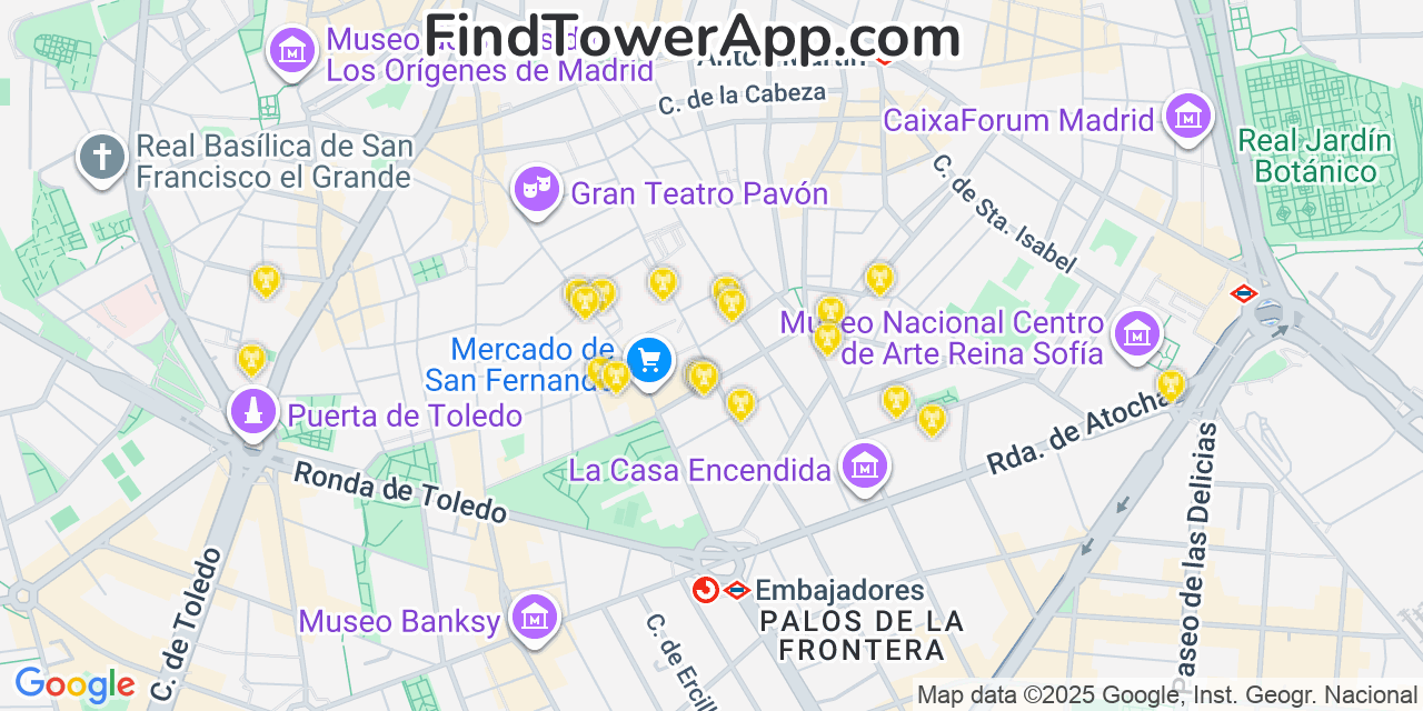 Map showing the 20 primary cell tower locations detected in Madrid, Spain with coverage areas and signal strength