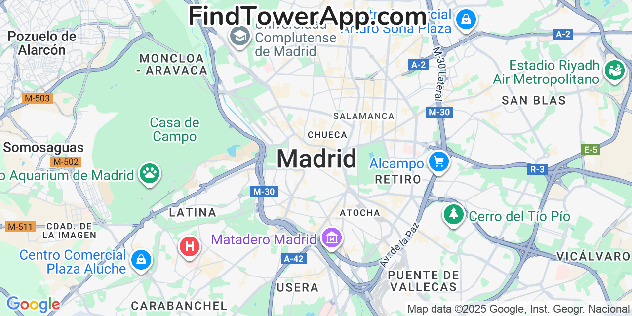 Map showing the 0 primary Orange cell tower locations detected in Madrid, Spain with coverage radius and signal strength indicators