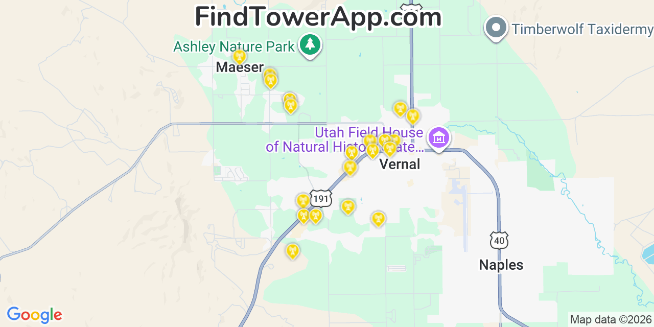 Map showing the 20 primary cell tower locations detected in Maeser, Utah from AT&T, Verizon, and T-Mobile networks