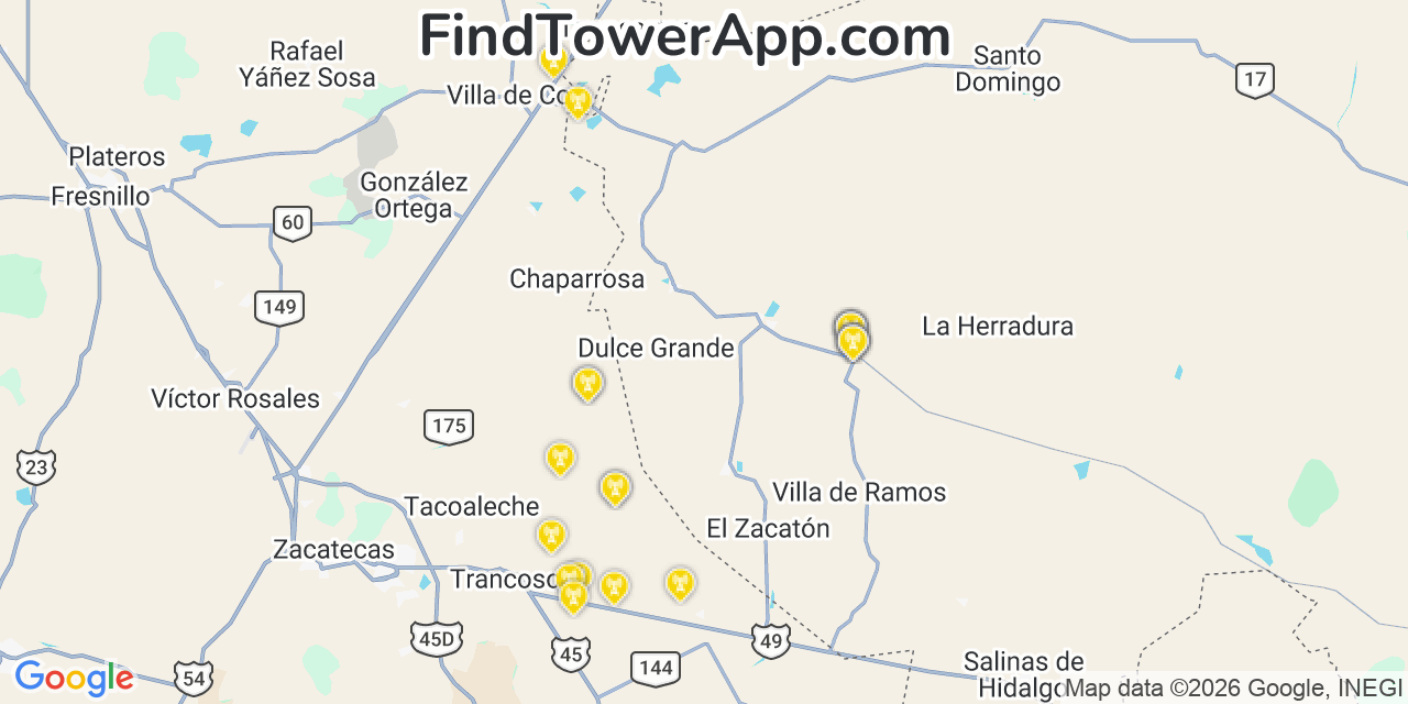 Map showing the 23 primary AT&T cell tower locations in Mãƒâ£Ã‚Â©Rida, Mexico