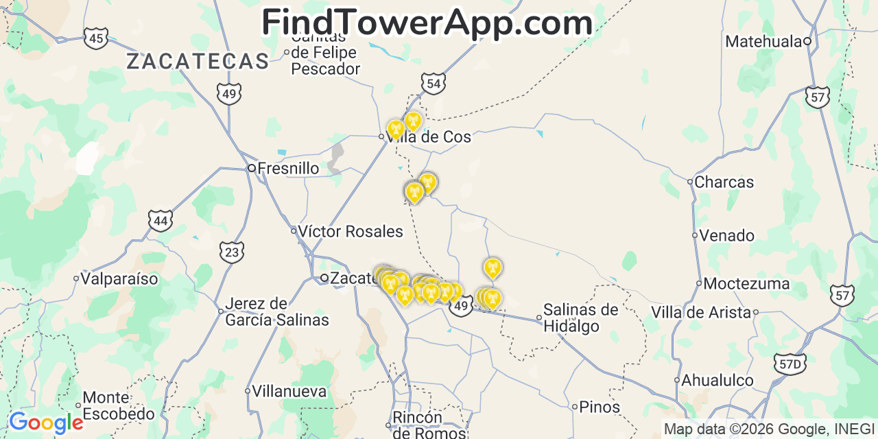 Map showing the 35 primary Movistar cell tower locations in Mãƒâ£Ã‚Â©Rida, Mexico