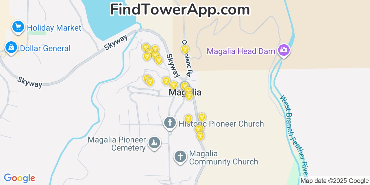 Map showing the 20 primary cell tower locations detected in Magalia, California from AT&T, Verizon, and T-Mobile networks