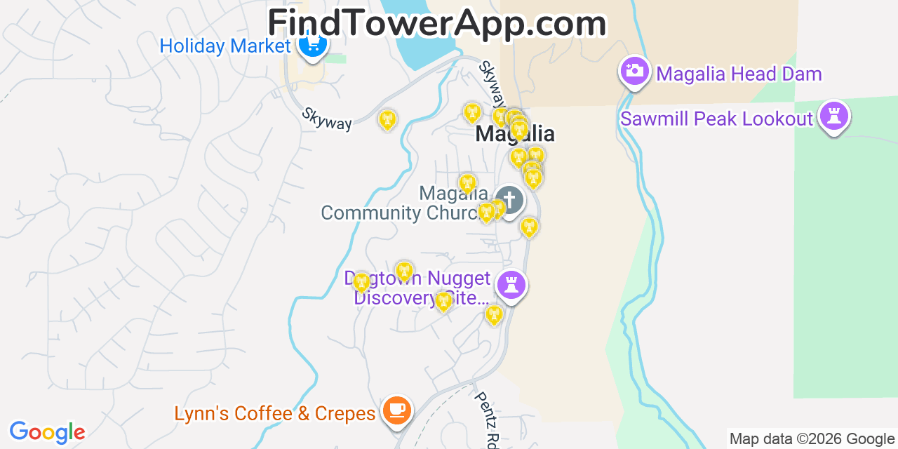 Map showing the 20 primary cell tower locations detected in Magalia, California from AT&T, Verizon, and T-Mobile networks