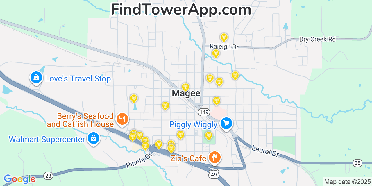 Map showing the 20 primary cell tower locations detected in Magee, Mississippi from AT&T, Verizon, and T-Mobile networks