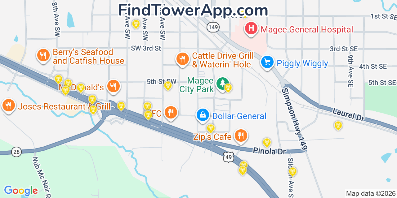 Map showing the 20 primary cell tower locations detected in Magee, Mississippi from AT&T, Verizon, and T-Mobile networks