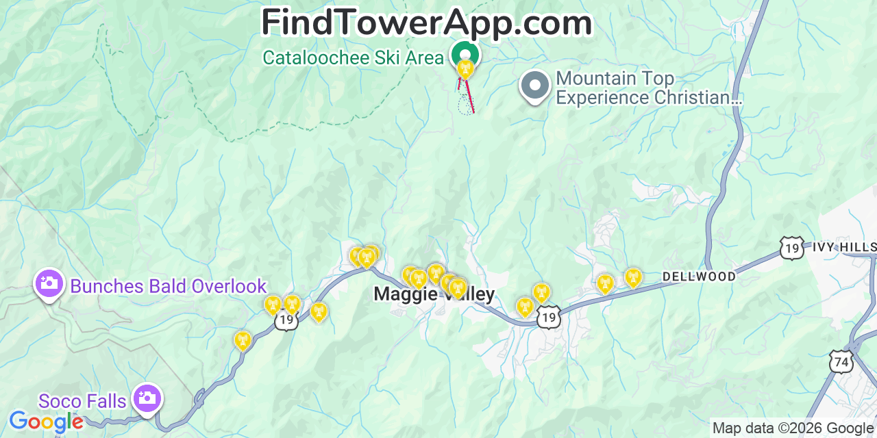 Map showing the 20 primary cell tower locations detected in Maggie Valley, North Carolina from AT&T, Verizon, and T-Mobile networks