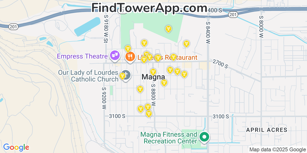 Map showing the 20 primary cell tower locations detected in Magna, Utah from AT&T, Verizon, and T-Mobile networks