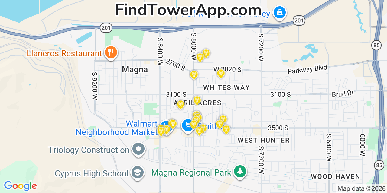 Map showing the 20 primary cell tower locations detected in Magna, Utah from AT&T, Verizon, and T-Mobile networks