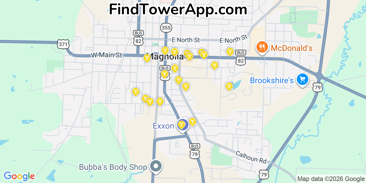 Map showing the 20 primary cell tower locations detected in Magnolia, Arkansas from AT&T, Verizon, and T-Mobile networks