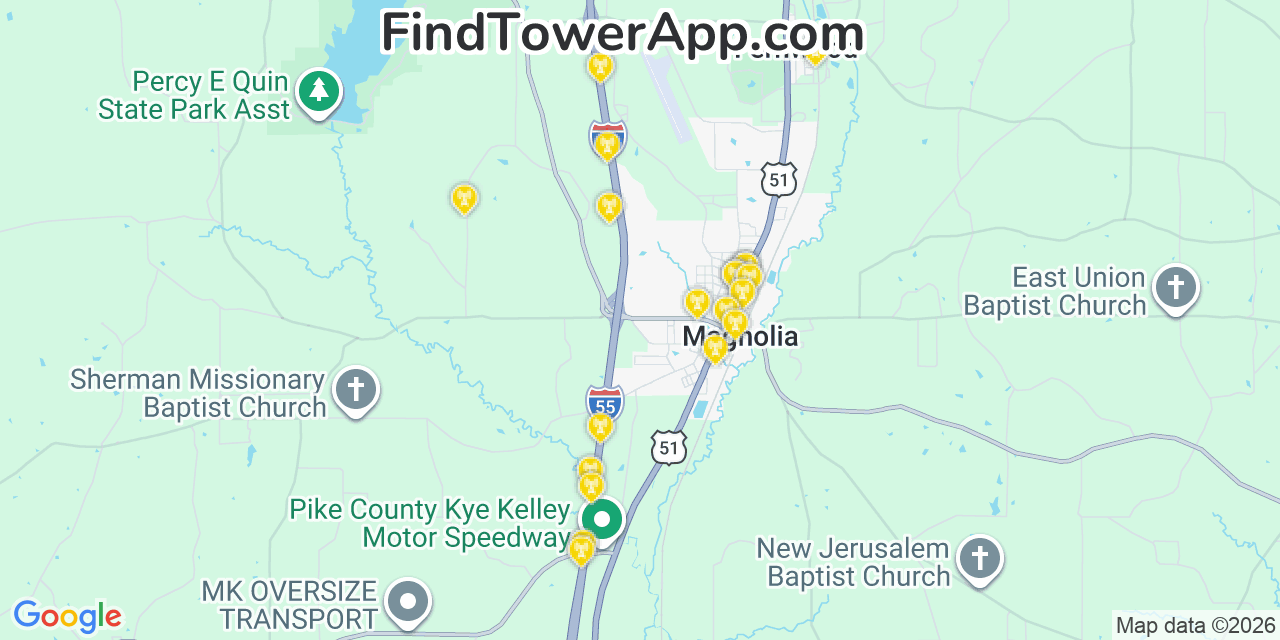 Map showing the 20 primary cell tower locations detected in Magnolia, Mississippi from AT&T, Verizon, and T-Mobile networks