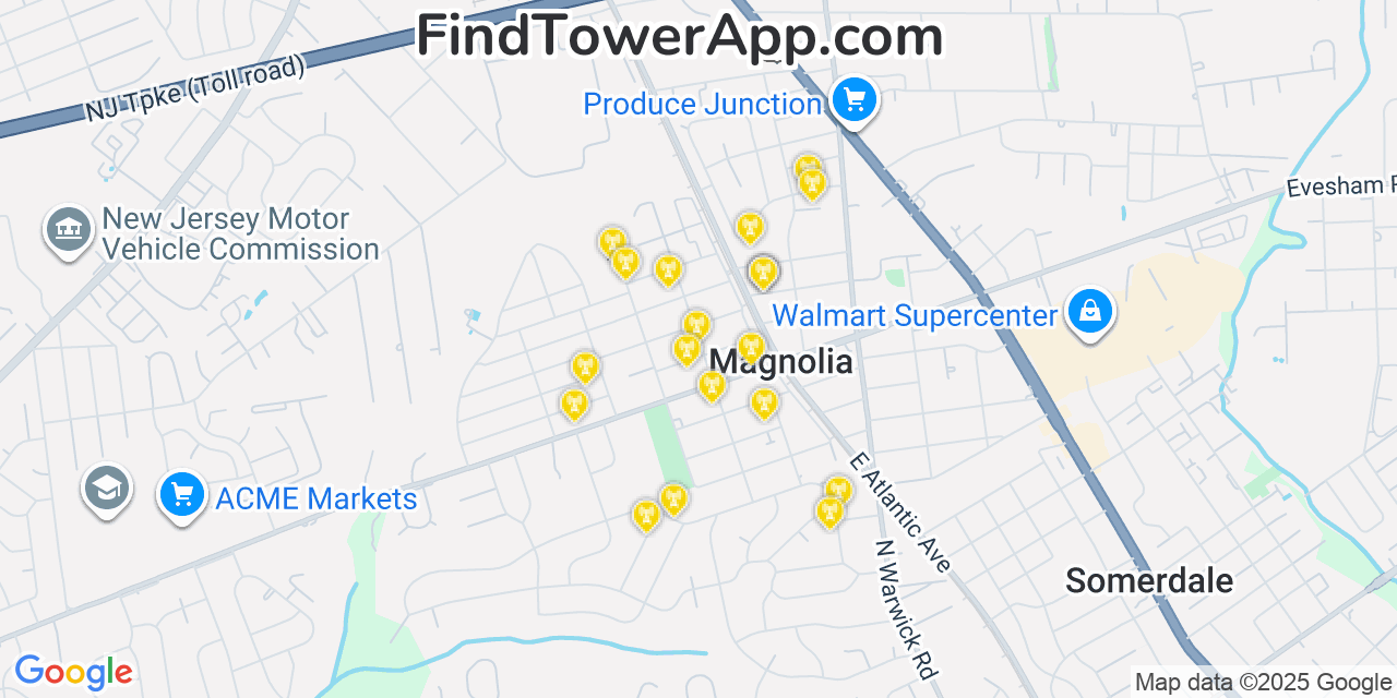 Map showing the 20 primary cell tower locations detected in Magnolia, New Jersey from AT&T, Verizon, and T-Mobile networks