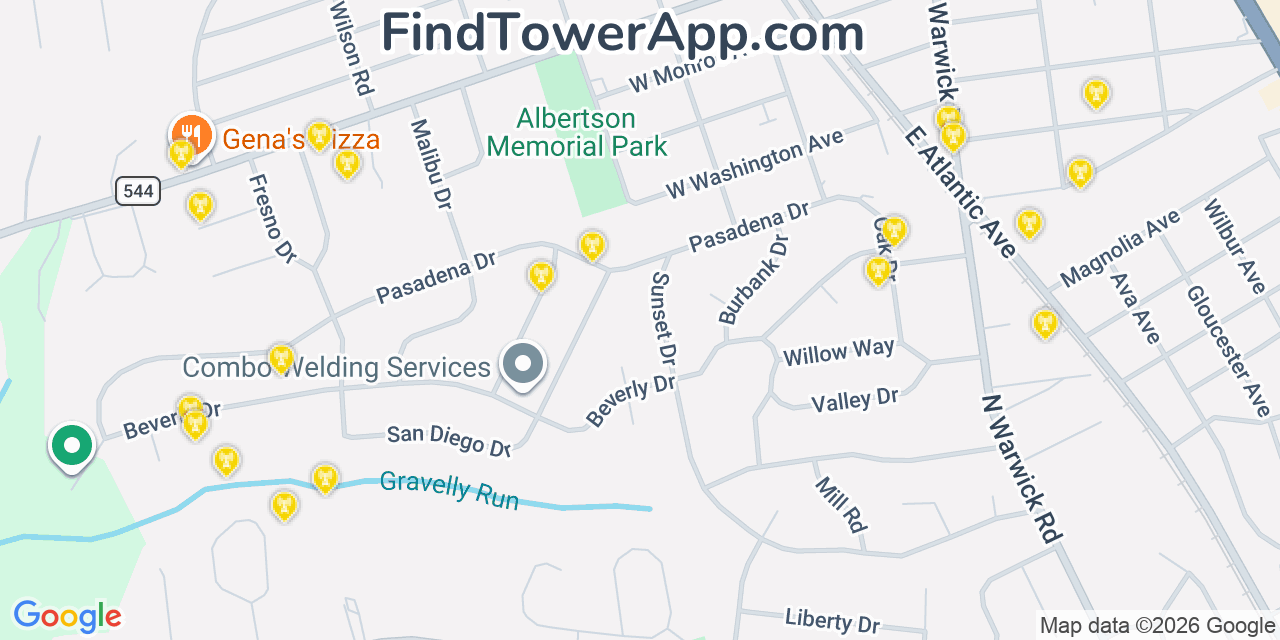 Map showing the 20 primary cell tower locations detected in Magnolia, New Jersey from AT&T, Verizon, and T-Mobile networks