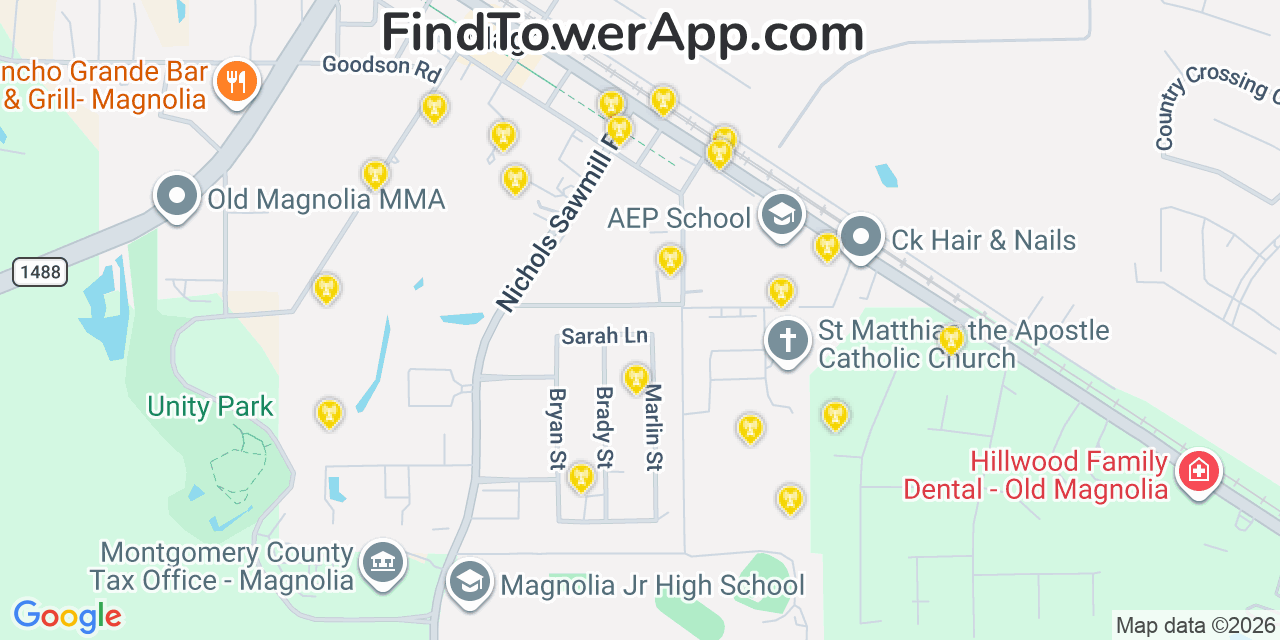 Map showing the 20 primary cell tower locations detected in Magnolia, Texas from AT&T, Verizon, and T-Mobile networks