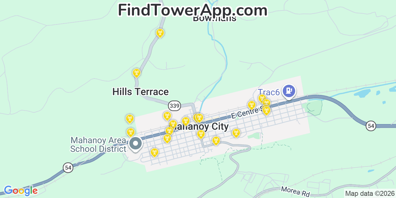 Map showing the 20 primary cell tower locations detected in Mahanoy City, Pennsylvania from AT&T, Verizon, and T-Mobile networks