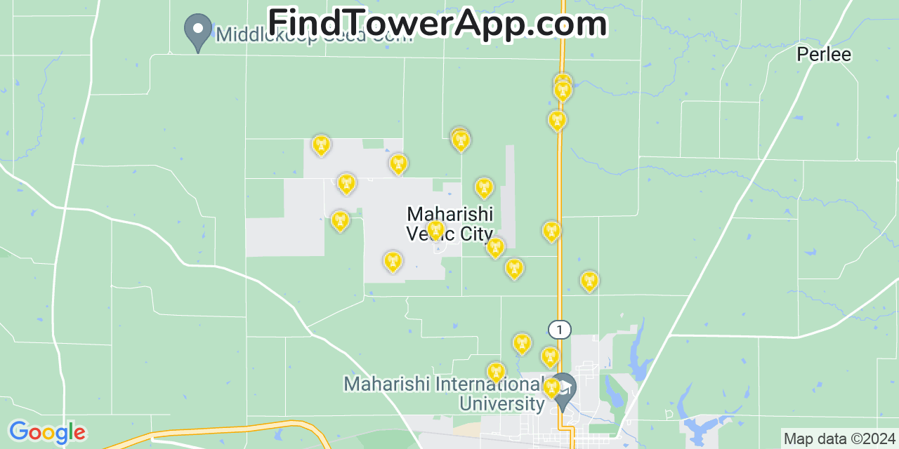 AT&T 4G/5G cell tower coverage map Maharishi Vedic City, Iowa