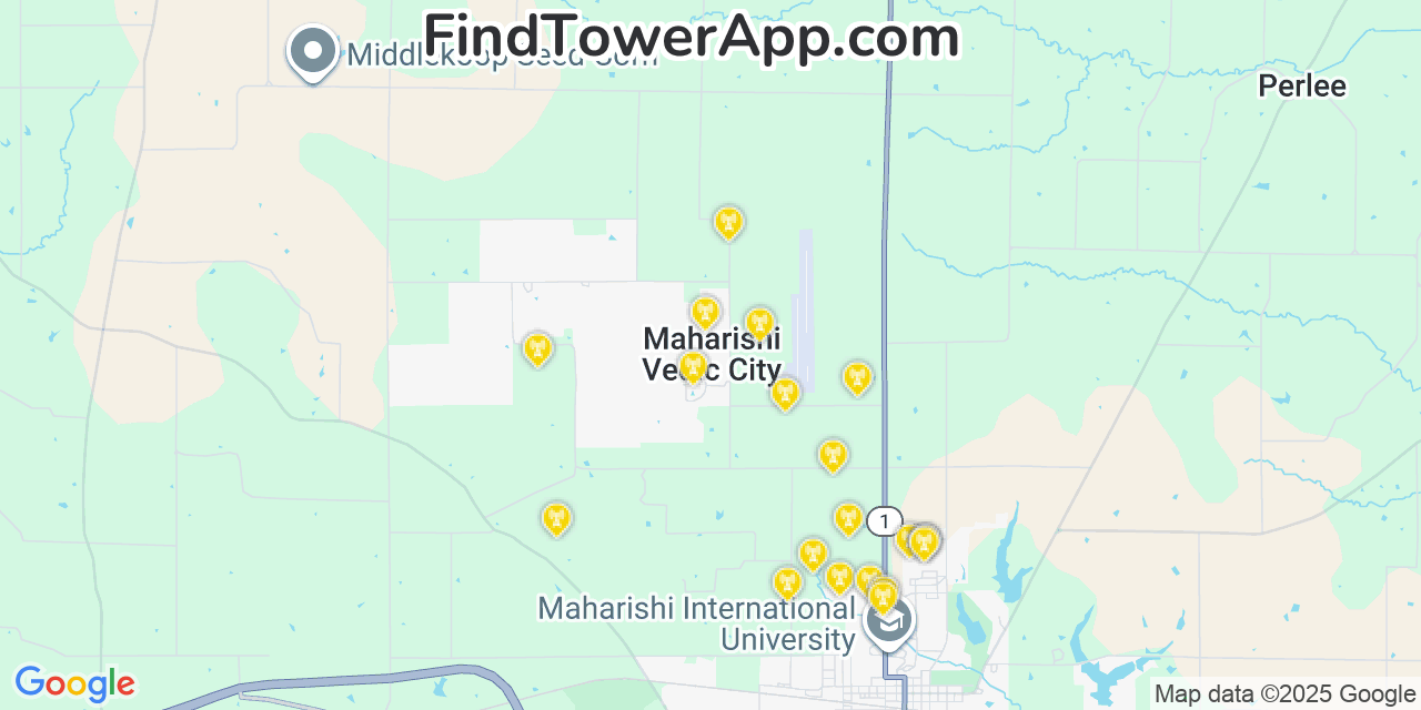 Map showing the 20 primary cell tower locations detected in Maharishi Vedic City, Iowa from AT&T, Verizon, and T-Mobile networks