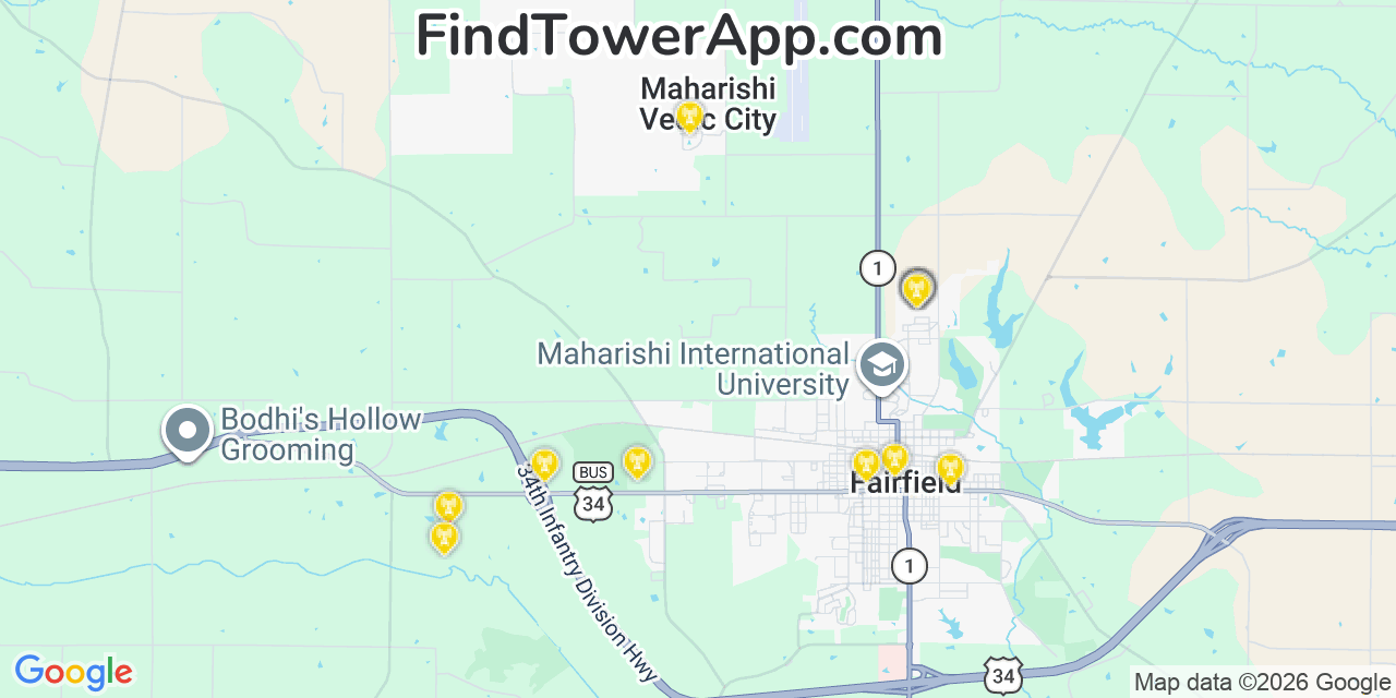 Map showing the 20 primary cell tower locations detected in Maharishi Vedic City, Iowa from AT&T, Verizon, and T-Mobile networks