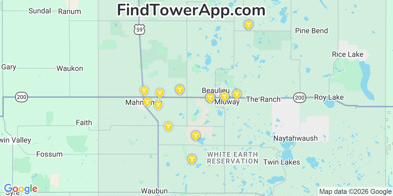 Map showing the 20 primary cell tower locations detected in Mahnomen, Minnesota from AT&T, Verizon, and T-Mobile networks
