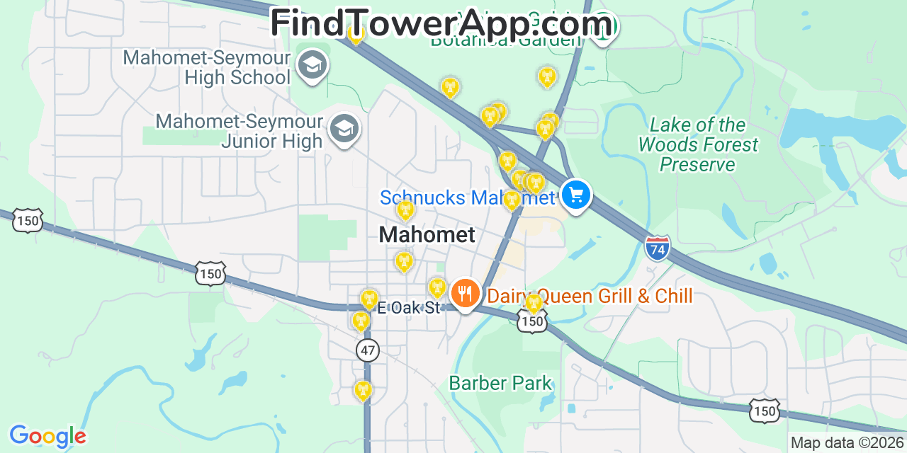 Map showing the 20 primary cell tower locations detected in Mahomet, Illinois from AT&T, Verizon, and T-Mobile networks