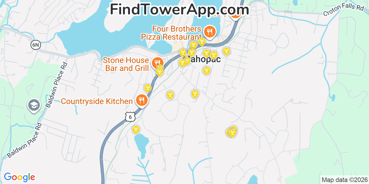 Map showing the 20 primary cell tower locations detected in Mahopac, New York from AT&T, Verizon, and T-Mobile networks