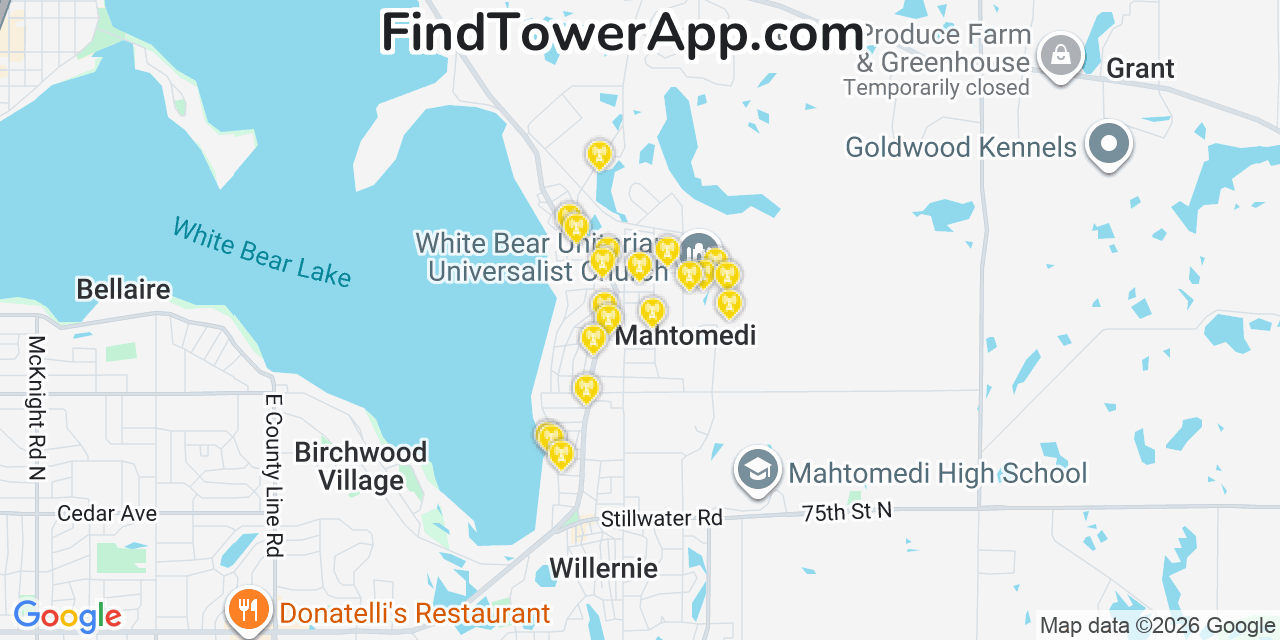 Map showing the 20 primary cell tower locations detected in Mahtomedi, Minnesota from AT&T, Verizon, and T-Mobile networks