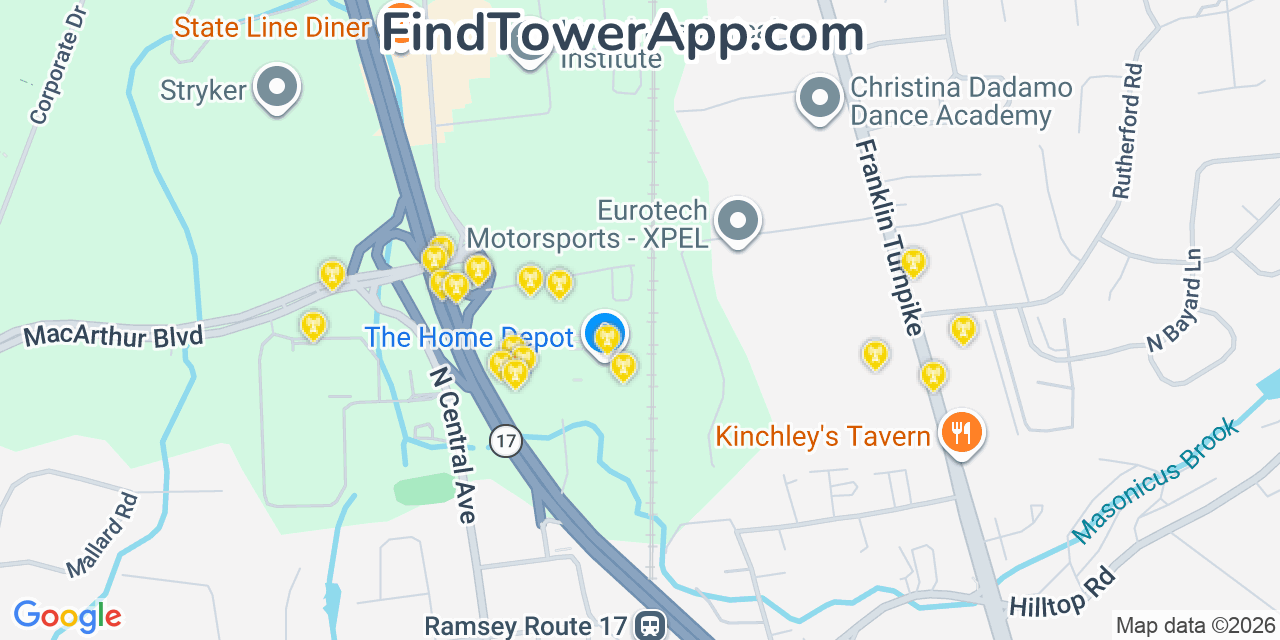 Map showing the 20 primary cell tower locations detected in Mahwah, New Jersey from AT&T, Verizon, and T-Mobile networks