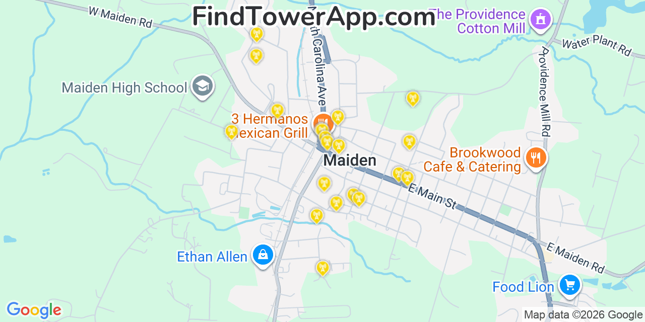 Map showing the 20 primary cell tower locations detected in Maiden, North Carolina from AT&T, Verizon, and T-Mobile networks