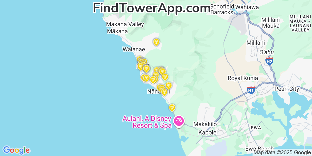 Map showing the 34 primary AT&T cell tower locations detected in Māili, Hawaii with coverage radius and signal strength indicators