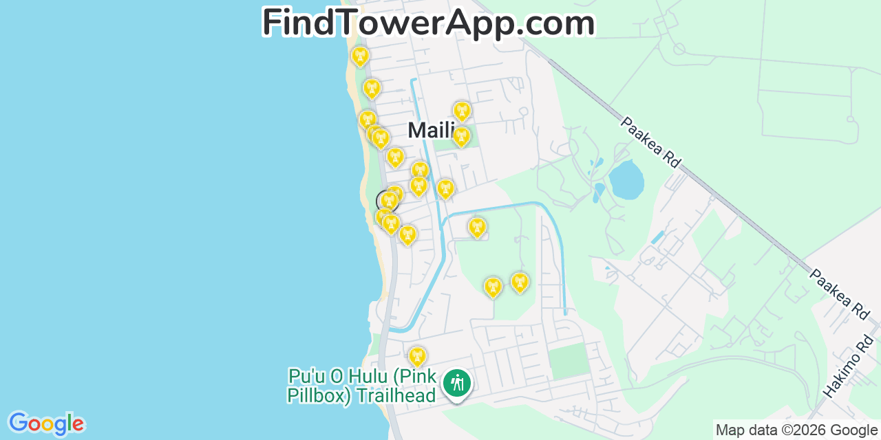 Map showing the 20 primary cell tower locations detected in Māili, Hawaii from AT&T, Verizon, and T-Mobile networks