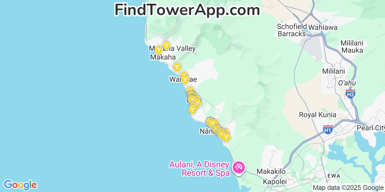 Map showing the 31 primary T-Mobile cell tower locations detected in Māili, Hawaii with coverage radius and signal strength indicators