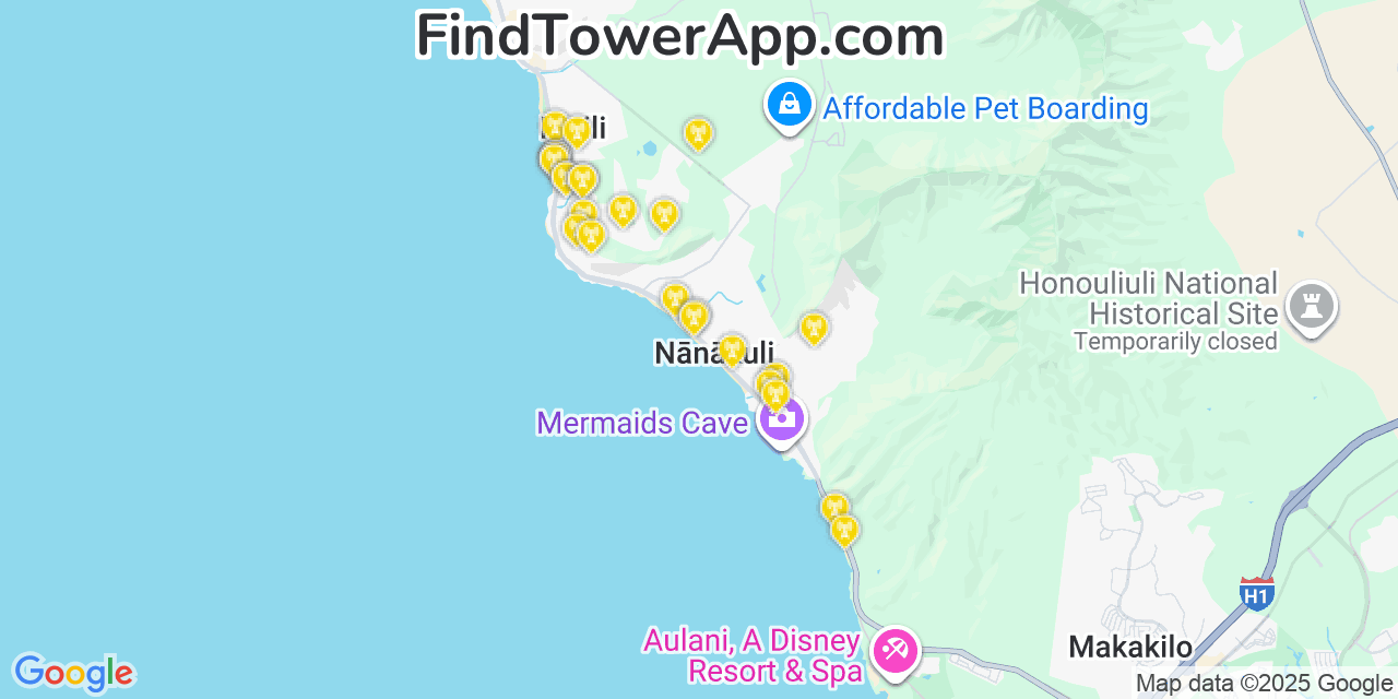 Map showing the 26 primary Verizon cell tower locations detected in Māili, Hawaii with coverage radius and signal strength indicators