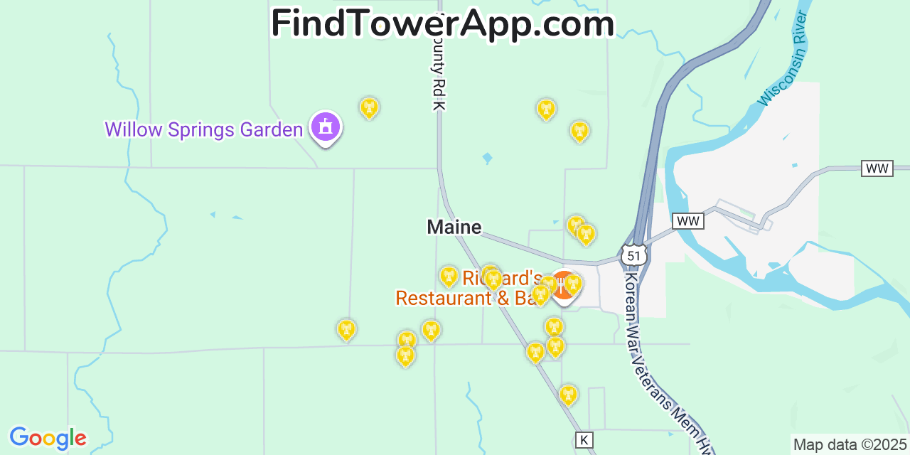 Map showing the 20 primary cell tower locations detected in Maine, Wisconsin from AT&T, Verizon, and T-Mobile networks