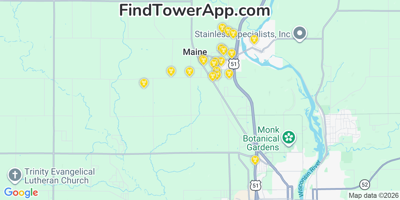 Map showing the 20 primary cell tower locations detected in Maine, Wisconsin from AT&T, Verizon, and T-Mobile networks