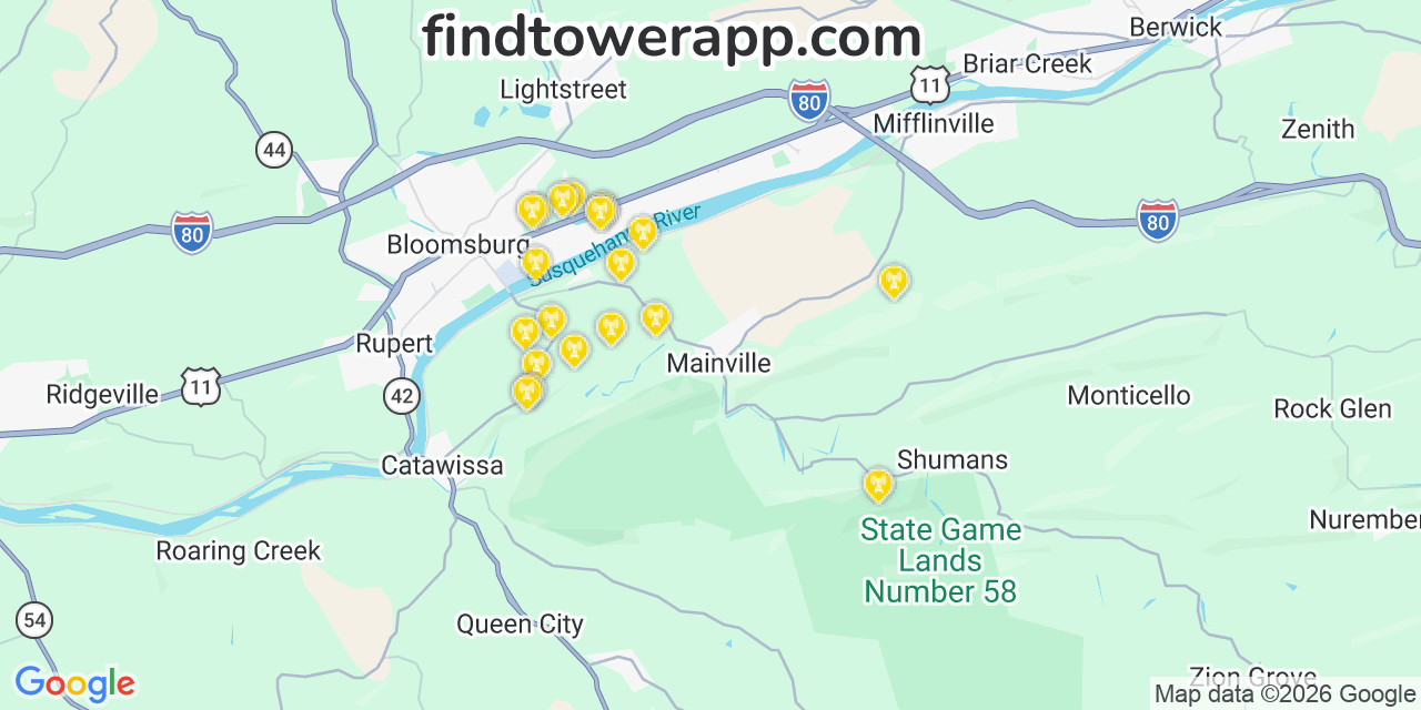 Map showing the 20 primary AT&T cell tower locations detected in Mainville, Pennsylvania with coverage radius and signal strength indicators