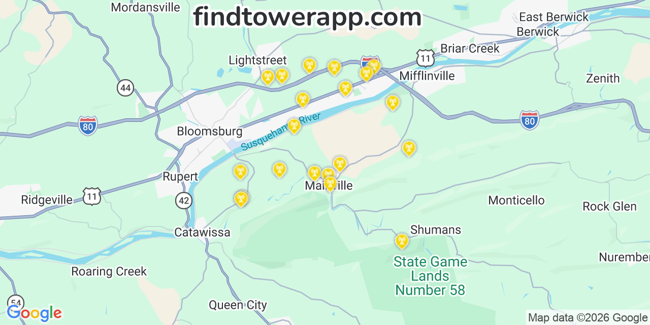 Map showing the 20 primary cell tower locations detected in Mainville, Pennsylvania from AT&T, Verizon, and T-Mobile networks