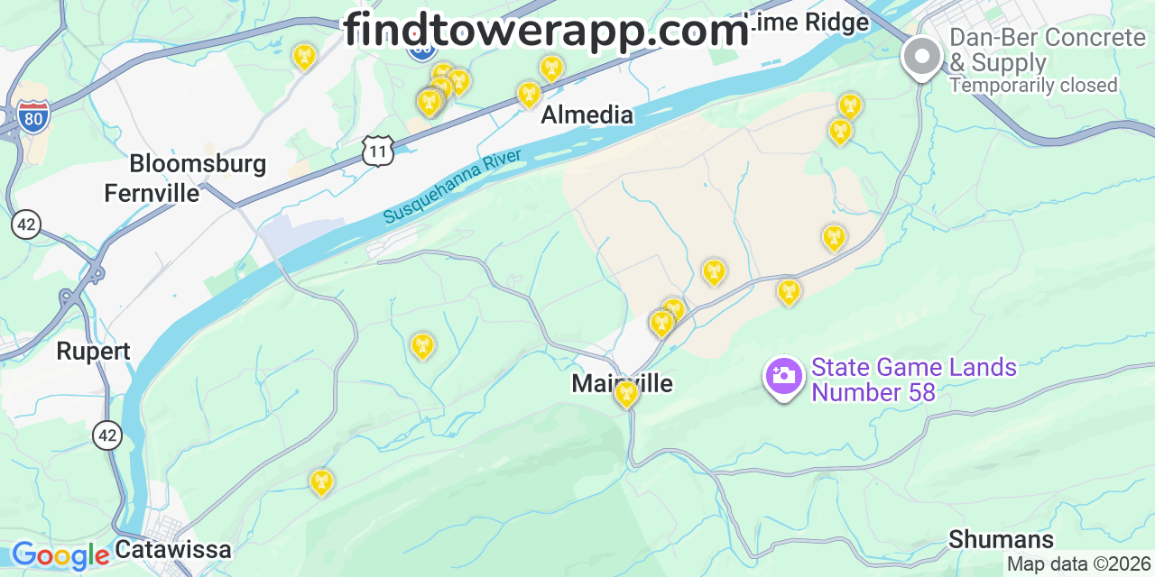 Map showing the 22 primary T-Mobile cell tower locations detected in Mainville, Pennsylvania with coverage radius and signal strength indicators