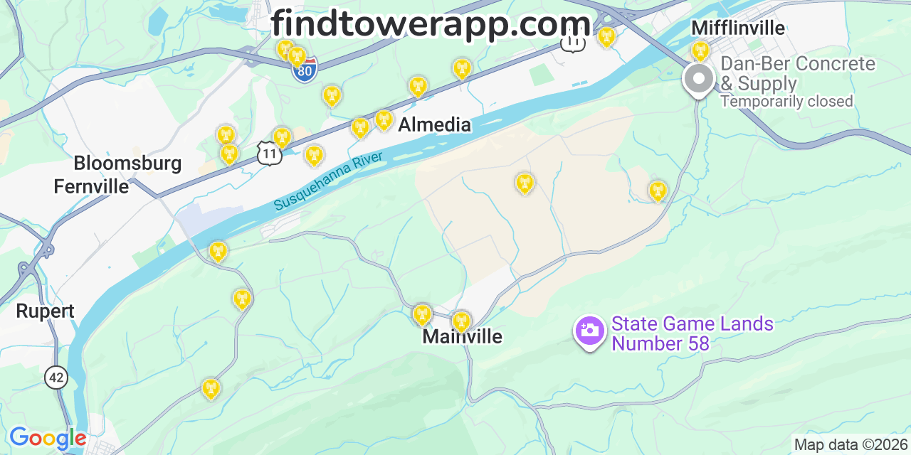 Map showing the 22 primary Verizon cell tower locations detected in Mainville, Pennsylvania with coverage radius and signal strength indicators