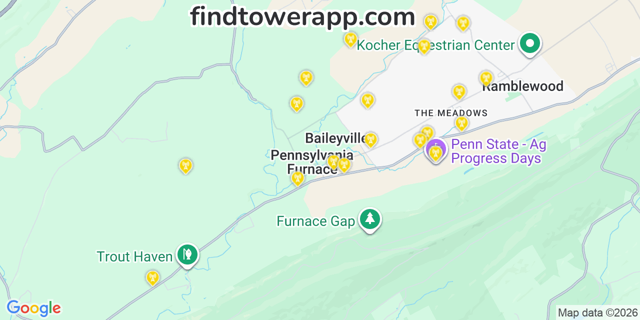 Map showing the 20 primary cell tower locations detected in Mainvillr, Pennsylvania from AT&T, Verizon, and T-Mobile networks