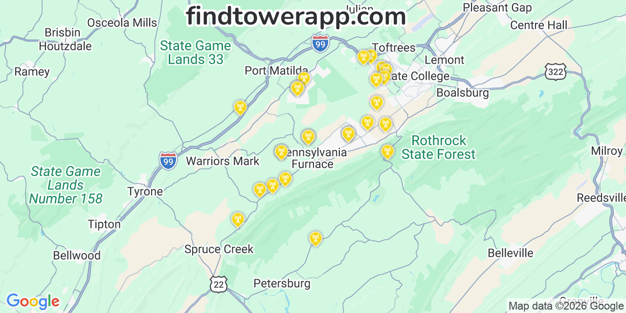 Map showing the 25 primary T-Mobile cell tower locations detected in Mainvillr, Pennsylvania with coverage radius and signal strength indicators